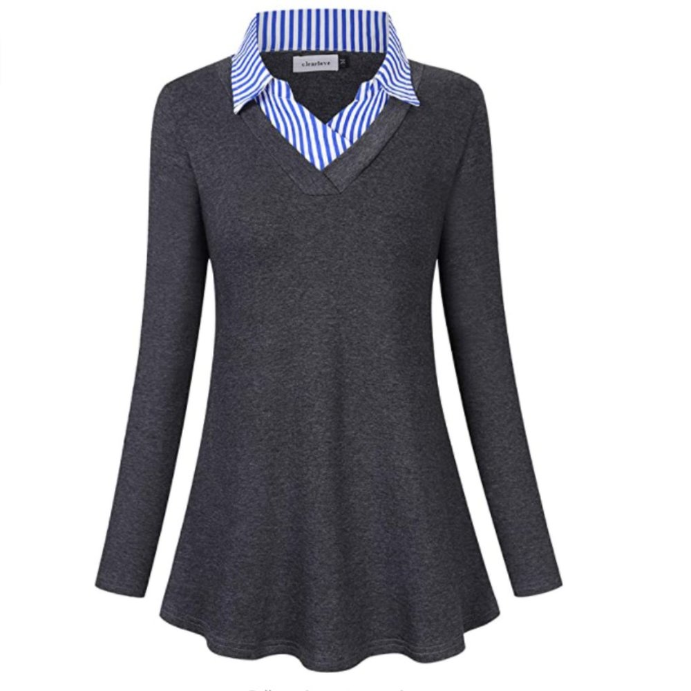 Size Large Clearlove Women's Dark Grey Shirt with Striped Collar